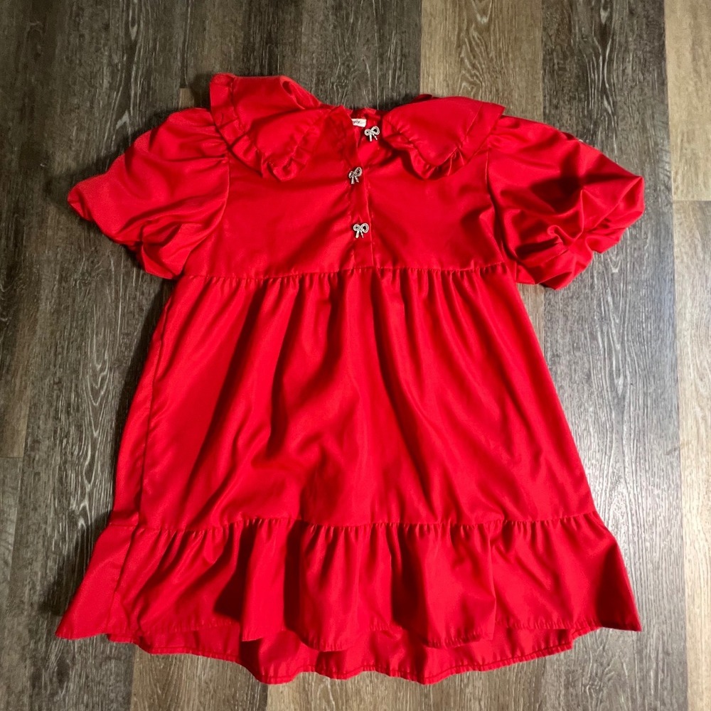 Sunday Up Babydoll Top Womens Small Red Ruffle Collar Bow Buttons Puff Sleeve